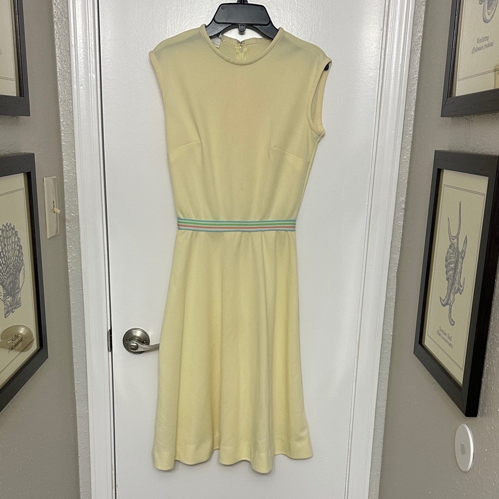 Vintage 1960s/1970/ Butter Yellow Midi Dress with Green, Pink, and Blue Stripe
